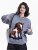 Suéter de Tricô Jacquard Cartoon Pony Estilo Retrô Americano para Homens e Mulheres, Novo Estilo Outono e Inverno, Pulôver Solto e Preguiçoso Estilo High Street