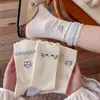 Meias Finas de Algodão Bordadas com Gatinhos Fofos de Orelhinhas para Primavera e Verão, Meias Femininas Sem Costura Estilo Coreano e Japonês, Meias Largas para Mulheres