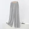 Novo modelo primavera e verão calça de pijama reta listrada de modal para mulheres, folgada plus size de cintura alta com bolso casual de perna larga