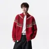 Suéter cardigan jacquard solto estilo americano com zíper e gola alta para jovens, jaqueta de malha casual de alta qualidade para outono para homens
