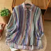 Excedente genuíno de exportações de comércio exterior: Camisa casual elegante de algodão-linho com estampa listrada vintage de verão, gola, manga curta fina