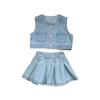 Traje de mezclilla de moda para niña 2025 Verano Nuevo Estilo Coreano Top Chaleco para Niños Falda Plisada Conjunto de Dos Piezas