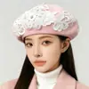 Boina de Mezcla de Lana Directa del Fabricante, En Stock al por Mayor, Gorra de Artista Bordada Estilo Japonés para Mujer, Gorra de Hojalatero de una Pieza Dropshipping