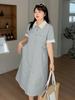 Vestido Color Block com Lapela Feminino Inno Plus Size, Novo Design de Verão, Vestido de Comprimento Médio com Ajuste na Cintura 142099