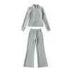 Moletom Gola Alta com Zíper Estilo Americano com Forro de Fleece + Calça Casual de Perna Larga Flare Conjunto Esportivo Casual para Mulheres