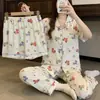Yunduo Algodón Nuevo Lindo Pijama para Mujer 2026 Verano Delgado Manga Corta Conjunto de Tres Piezas Dibujos Animados Pony Ropa de Casa Disparo Real