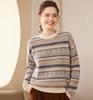 Suéter de Caxemira Montanha Gola Redonda Novo Outono e Inverno Feminino Vintage Color Block Jacquard Suéter Espesso Camisa Base de Caxemira Solta