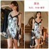 Lindo Conjunto de Camisola Sexy com Decote em V Profundo, Renda de Cetim com Estampa de Borboleta, com Bojos e Robe para Casa 6346
