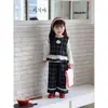 Roupas de Bebê Meninas Estilo Coreano Moda Xadrez Mistura de Lã Patchwork Renda Menina Bebê Doce Fofo Conjunto de Três Peças Roupas Infantis