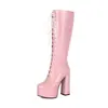 Botas femininas de moda de cor sólida com salto ultra-alto, botas de cano alto de tamanho grande para outono e inverno, bico redondo, plataforma impermeável, botas femininas de couro patenteado transfronteiriças, versátil