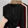 Camiseta de mujer de terciopelo acanalado de 270g, versátil, de manga larga, nuevo modelo primavera/otoño 2025, con botones, estiliza la figura, diseño extremadamente elegante
