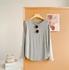 Camiseta Sencilla de Modal para Mujer, Verano 2026, Dobladillo Curvo, Manga Larga, Cuello Redondo, Holgada, Casual, Versátil