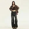 Jeans Preto com Efeito Ondulado Retro Americano Novo, Versátil e da Moda para Mulheres, Calças Largas Retas Versáteis