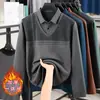 Roupa íntima térmica grossa com forro de fleece para homens de meia-idade e idosos, peça única com gola de camisa de algodão puro, estilo falso duas peças, roupa para o pai