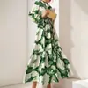 Vestido Largo Estampado con Mangas de Linterna, Cuello Alto, Plisado, Ceñido a la Cintura, Estilo Socialité Elegante, Ropa Femenina Transfronteriza Europea y Americana 2026