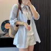 Camisa de Lino Azul Francés para Mujer, Top de Manga Larga para el Verano con Protección Solar, Chaqueta Camisa de Algodón y Lino Casual Holgada Estilo Old Money