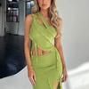 2025 Nuevo Chaleco de Chica Hot Tailandesa Hombro Asimétrico Camiseta Corta Color Aguacate Camisa Pequeña Top con Volantes de un Solo Hombro