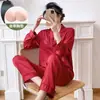 Muzhen Silk 2026 Novo Pijama Acolchoado de Seda Gelada para Mulheres, Conjunto de Manga Longa, Cor Sólida, Gola Reversível, Tamanho Plus, Roupa de Dormir, Fina