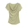 Camiseta de Manga Corta Plisada Cuello Ancho Gentle Pure Desire para Mujer Verano Dulce Adelgazante Versátil Estilo Dama Top Elegante