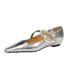 6282-6K92 Estilo Europeu e Americano Retro Salto Baixo Plataforma Sapatos Femininos Boca Rasa Bico Fino Metal Decorativo Sapatos de Uma Sola Femininos