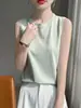 Camisola Redonda de Algodão com Seda Refrescante para Mulheres, Cor Sólida, Adequada para Usar por Cima ou em Camadas, Top sem Mangas, Camada Base de Camiseta Branca 100% Algodão