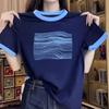 Camiseta de Algodón con Hombro Derecho para Adelgazar, Color Contrastante, Manga Corta para Mujer, Nuevo Estilo Caliente 2025, Estilo Extranjero, Estampada, Moda, Tops Versátiles