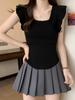 Verano Nuevo Cuello Cuadrado Color Sólido Manga de Encaje Espalda con Cordón Manga Corta Cintura Adelgazante Top de Punto Simple