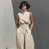 2026 Primavera Europea y Americana Nuevo Estilo Amazon Color Sólido Elegante Sencillo para Mujer Top sin Mangas de Mezcla y Pantalones de Pierna Ancha