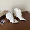 2026 Moda Coreana Nova Botas de Cano Curto de Salto Baixo Outono Inverno Âmbar Bico Fino Tira com Fivela Botinhas de Salto Fino