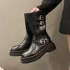 Nuevas botas Martin vintage de cuero de altura media con hebilla que aumentan la altura para mujer 2026, botas de motociclista para mujer con suelas gruesas, estilo británico de cuero suave