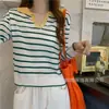 26 Novo Estilo Listrado Decote V Design Manga Longa Malha Feminina Primavera e Outono Fino Seda de Gelo Estiloso Top