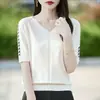 Camiseta de mujer con cuello en V, estilo Andy, nueva colección de verano, top de punto de manga corta, corte holgado, moda femenina transfronteriza, suéter de punto