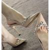 Sapatos de Salto Alto Corrente de Couro Envernizado Preto Strass Outono Novo Bico Fino Lindo Noiva Sapatos de Casamento Sandálias