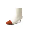 Botas Finas de Couro Genuíno Colorblock Femininas Botas Curtas Outono e Inverno Novo Bico Quadrado Zíper Lateral Estilo Coreano Couro Total Salto Bloco Botas Curtas Femininas
