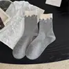 Meias Femininas Outono e Inverno Borda de Orelha de Madeira Meia-Calça Decoração Color Block Meias de Algodão Estilo Coreano Estilo Ins Versátil com Sapatos de Couro Pequenos Meias Femininas