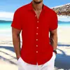 2025 Cross-Border Amazon Aliexpress Nova Camisa Casual Solta de Manga Curta Jacquard de Algodão e Linho para Homem Respirável