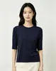 Blusa de Tricô Leve e Respirável Outono Feminina Elegante com Gola Redonda e Mangas Três Quartos em Tencel Lyocell