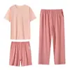Pijama Feminino Três Peças Gola Redonda Pulôver Modelo Algodão Verão Fino Respirável Feminino Manga Curta Shorts Calça Pijama MO