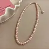 Colar de Pérolas de Vidro Rosa Estilo Ni Ni para Mulheres, Corrente para Suéter Outono e Inverno, Gargantilha Elegante de Pérolas Cinza Cânhamo