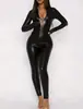 Roupas femininas europeias e americanas transfronteiriças da Amazon: Traje sexy de garota gata, macacão sexy de couro PU com zíper, decote em V profundo, justo, para garota quente