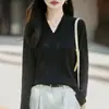 Camisa base com padrão espinha de peixe, manga longa, novo modelo 2026, seda cor sólida, caimento solto, top para início de outono, suéter de tricô, padrão de lã, gola V