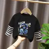 Camiseta Manga Longa Infantil para Meninos Estilo Casual Desenho Animado Bebês Meninos Primavera e Outono Gola Redonda Falsa Duas Peças Top Solto Algodão Puro