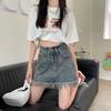 Falda retro de estilo coreano para mujer, falda corta adelgazante de cintura alta, corte A, con borlas y bordes deshilachados de mezclilla, novedad de verano