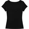 Camiseta Rosa LiLvi de Lyocell con Escote Amplio y Clavícula Expuesta, Hombro Recto, Manga Corta, Top Versátil de Verano para Mujer, Corte Ajustado