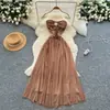 Vestido Retro de Mariposa sin Tirantes Hombros Descubiertos para Mujer, Nuevo Vestido Largo de Malla Línea A Delgado de Cintura Alta, Atuendo Elegante