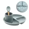 Conjunto de três peças de prato de silicone com ventosa pequena, copo d'água, conjunto de colher e garfo, conjunto de alimentação de silicone para bebês