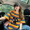 Camiseta Listrada de Manga Curta Estilo Retro Americano Tamanho Plus para Mulheres, Verão, Caimento Solto, Top Moderno que Rejuvenesce