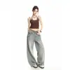 Jeans Feminino de Marca Tendência Retro Jeans de Sarja Lavada Desgastada Patchwork Estampa de Leopardo Americano Peça Falsa Dupla Calças Longas Largas Soltas
