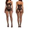 Lencería de estilo europeo y americano de Amazon, con estampados florales, un body de malla de una sola pieza con tirantes, un diseño recortado, un estilo sexy de entrepierna abierta y un body transparente