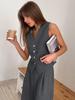 Moda para o Trabalho Conjunto de Colete Cinza com Decote V Sem Mangas para Mulheres, Conjunto de Duas Peças com Top Estilo Europeu e Americano para o Verão e Calças de Corte Reto